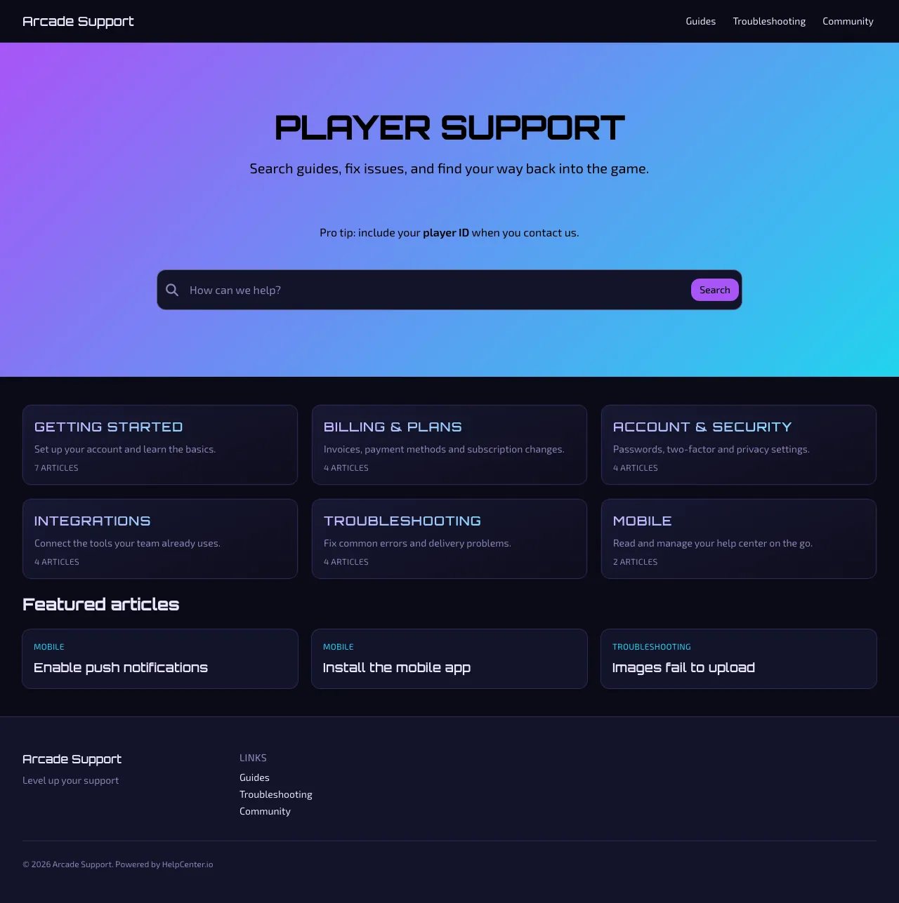 Arcade knowledge base template: the whole home page