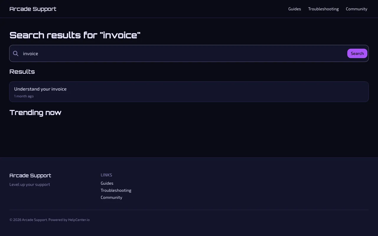 Arcade knowledge base template: a search results page