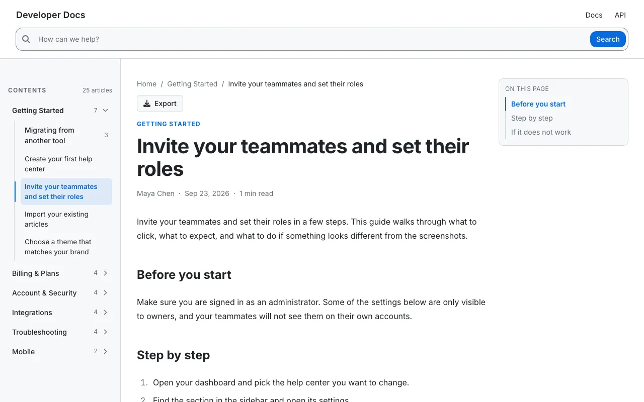 GitHub Dense knowledge base template: a article page