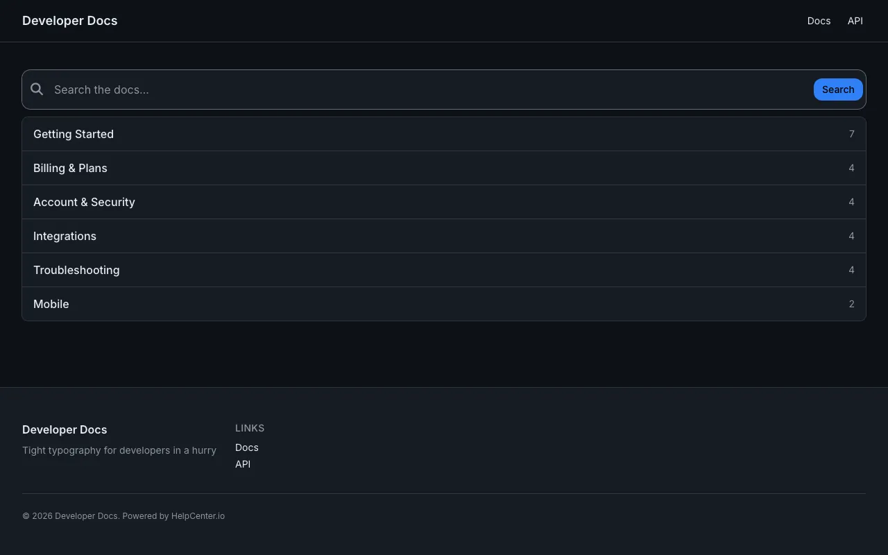 GitHub Dense knowledge base template: the home page in dark mode