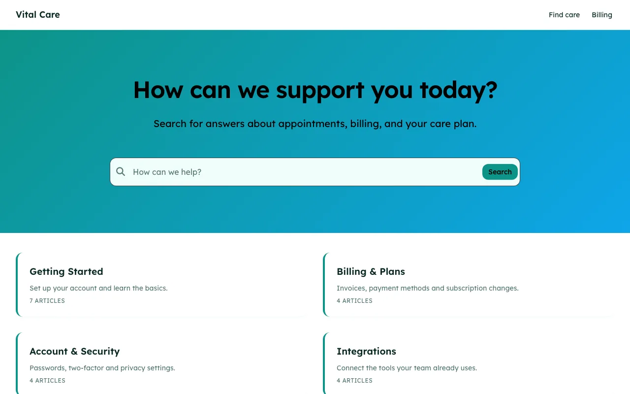 Home page of the Vital knowledge base template