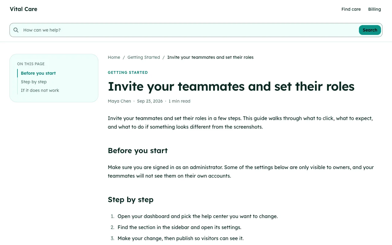 Vital knowledge base template: a article page