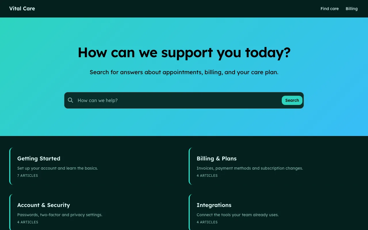 Vital knowledge base template: the home page in dark mode