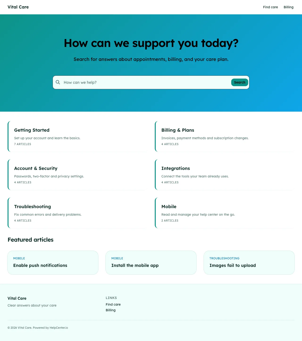 Vital knowledge base template: the whole home page