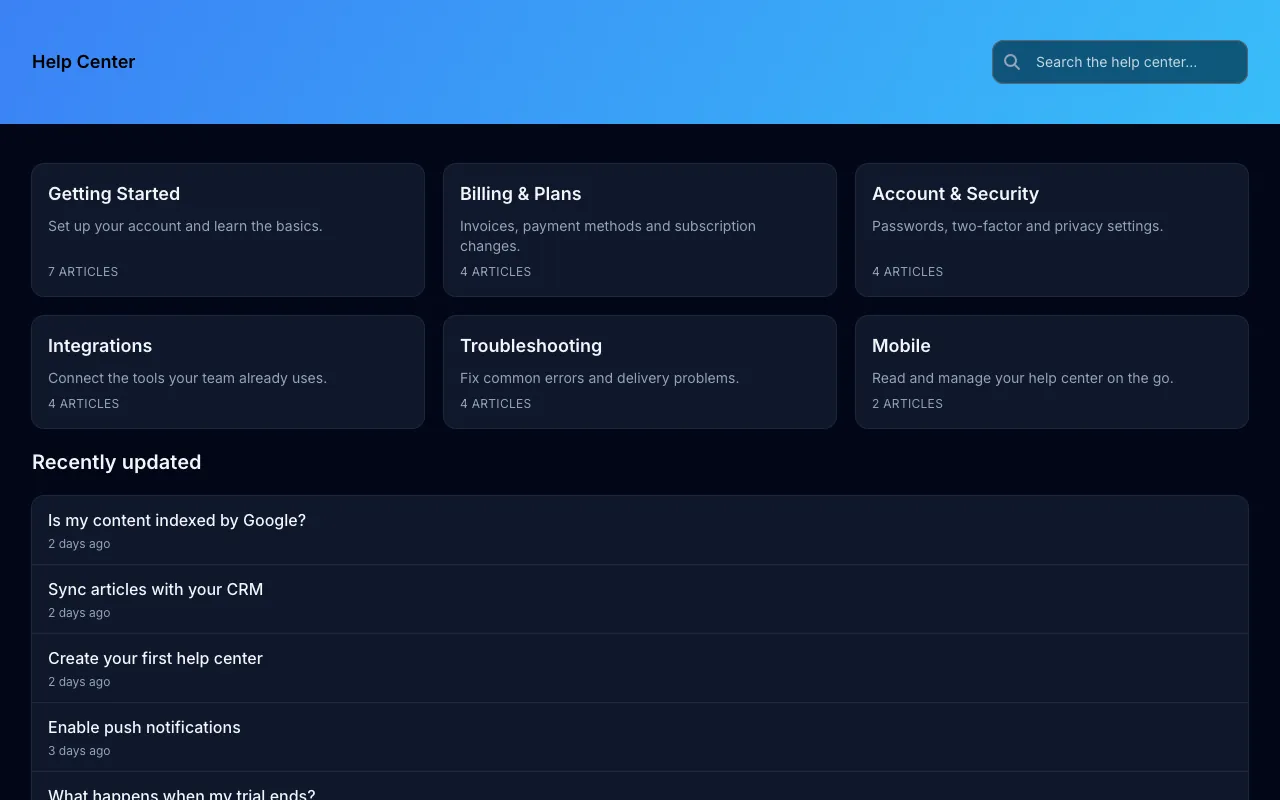 Minimal Classic knowledge base template: the home page in dark mode