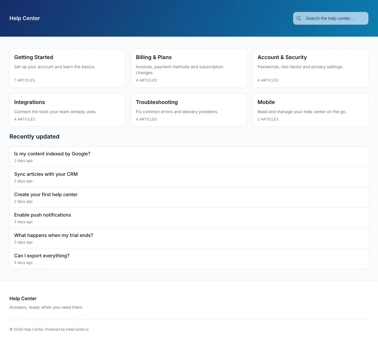 Minimal Classic knowledge base template: the whole home page