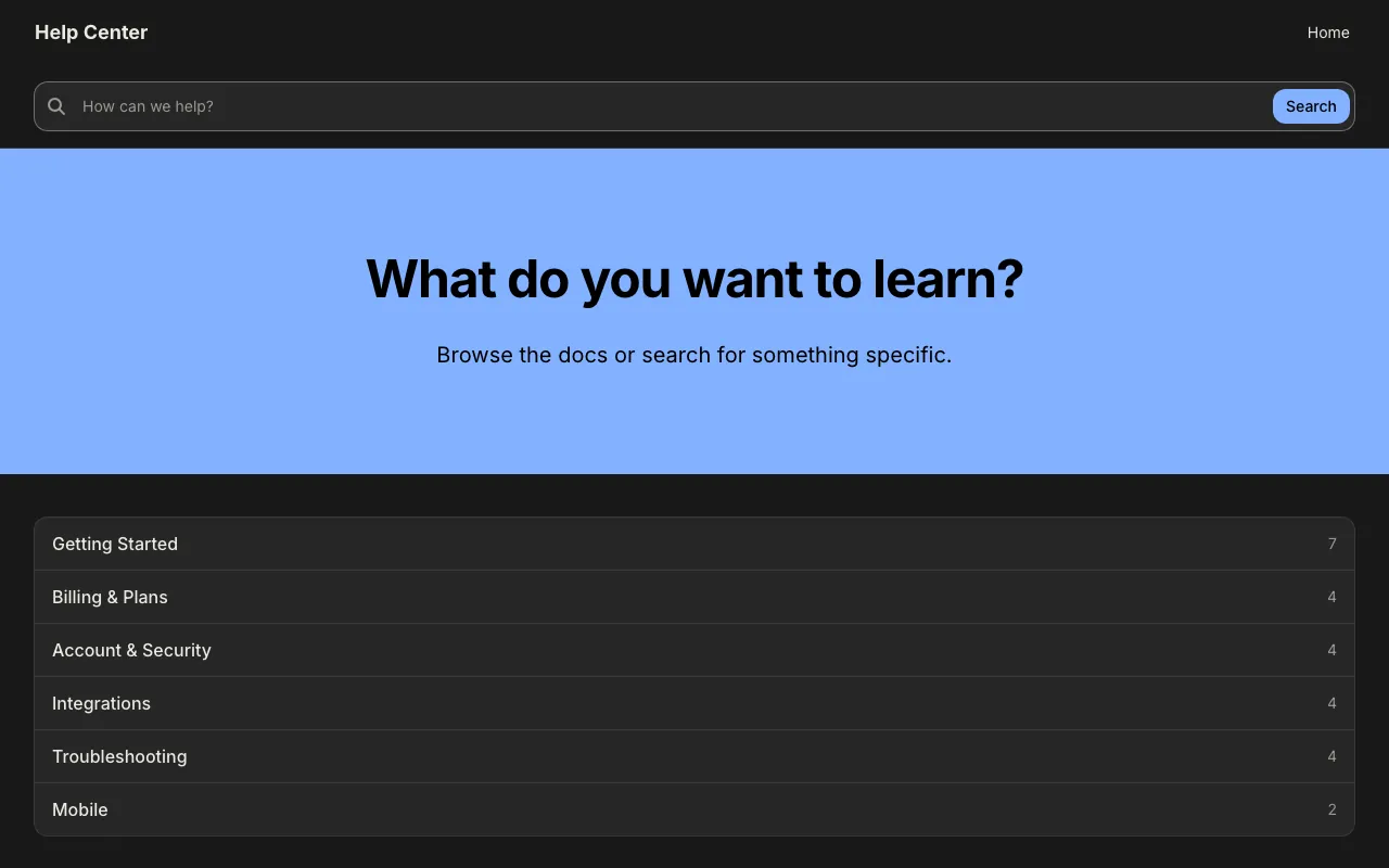 Notion Airy knowledge base template: the home page in dark mode