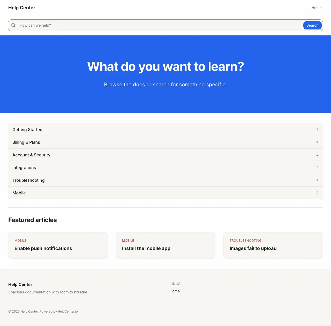 Notion Airy knowledge base template: the whole home page