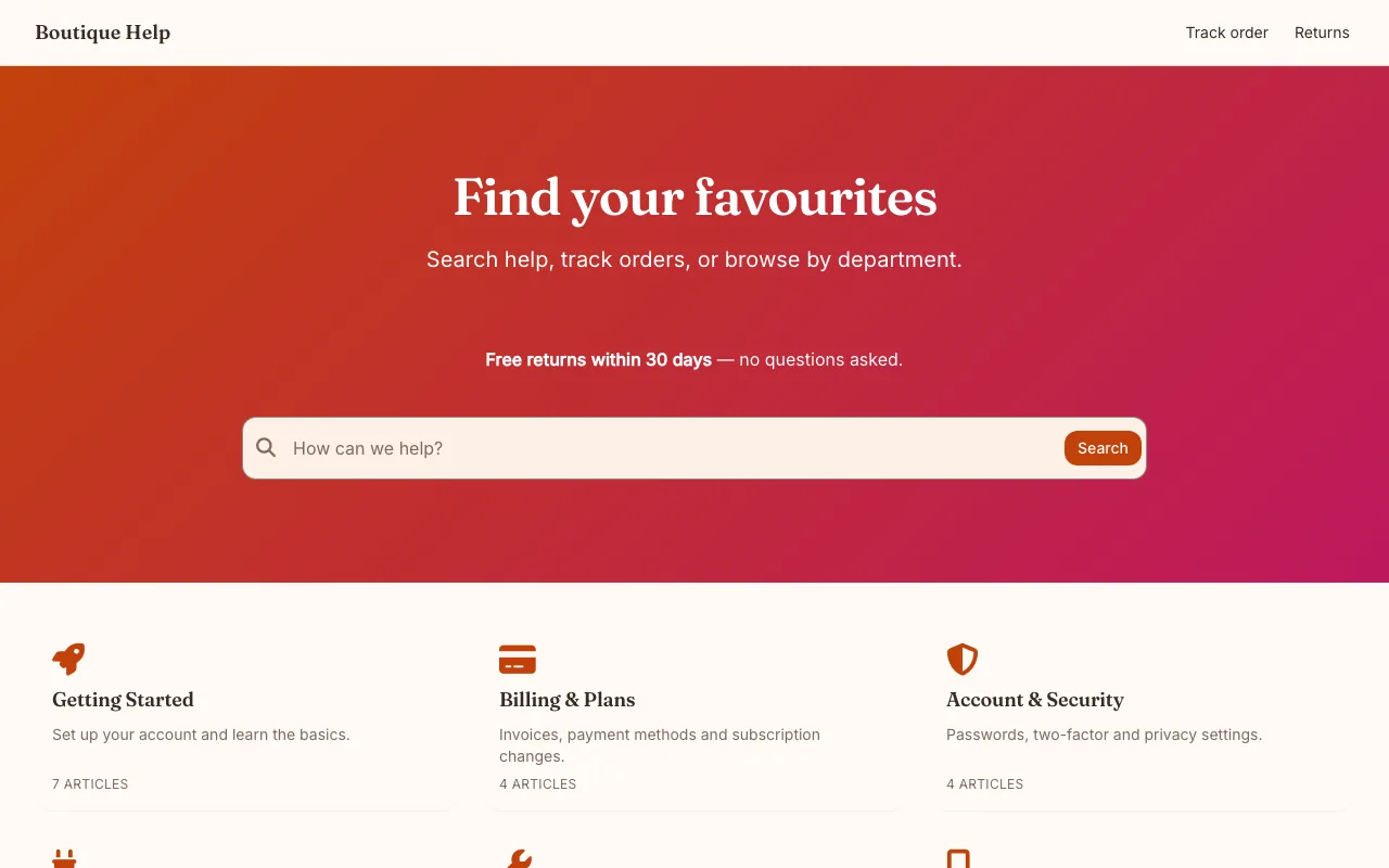 Home page of the Boutique knowledge base template