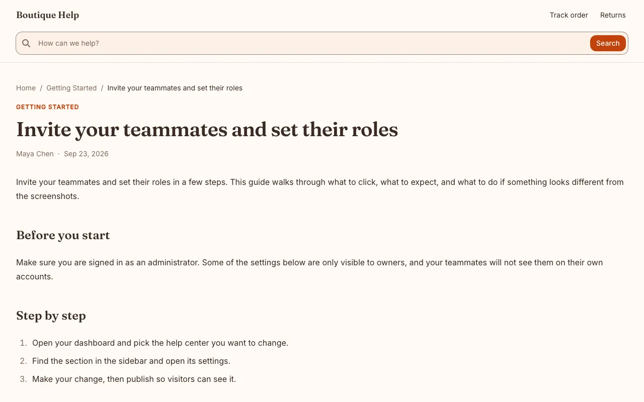Boutique knowledge base template: a article page