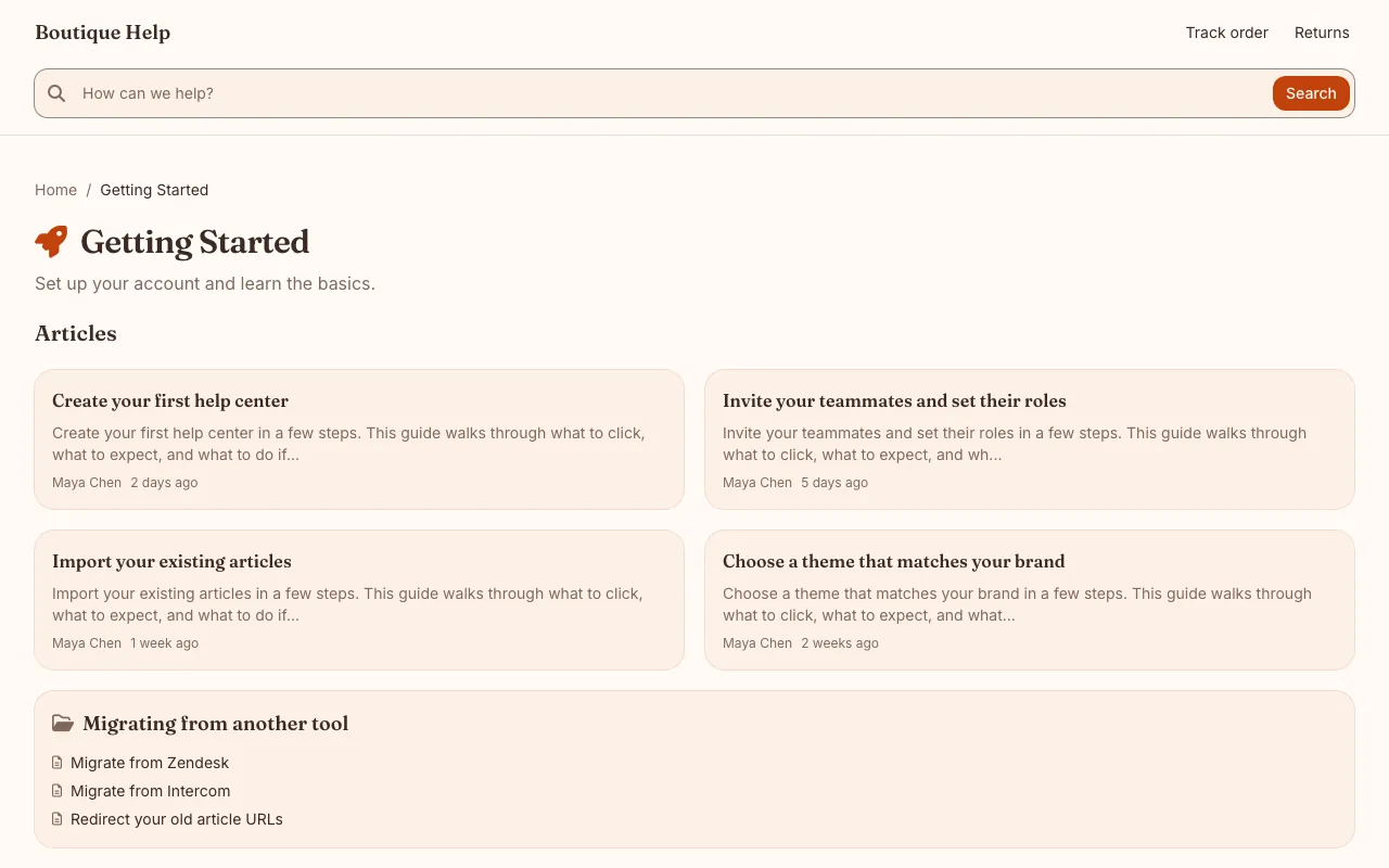 Boutique knowledge base template: a category page