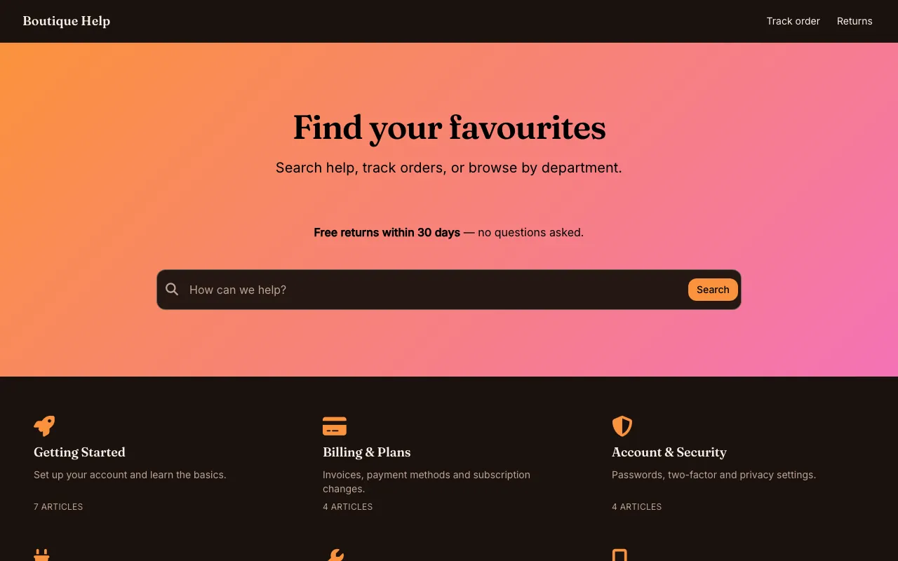 Boutique knowledge base template: the home page in dark mode