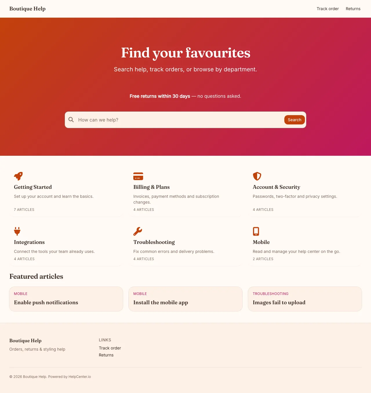 Boutique knowledge base template: the whole home page