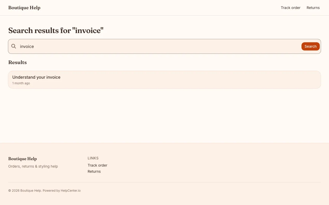 Boutique knowledge base template: a search results page