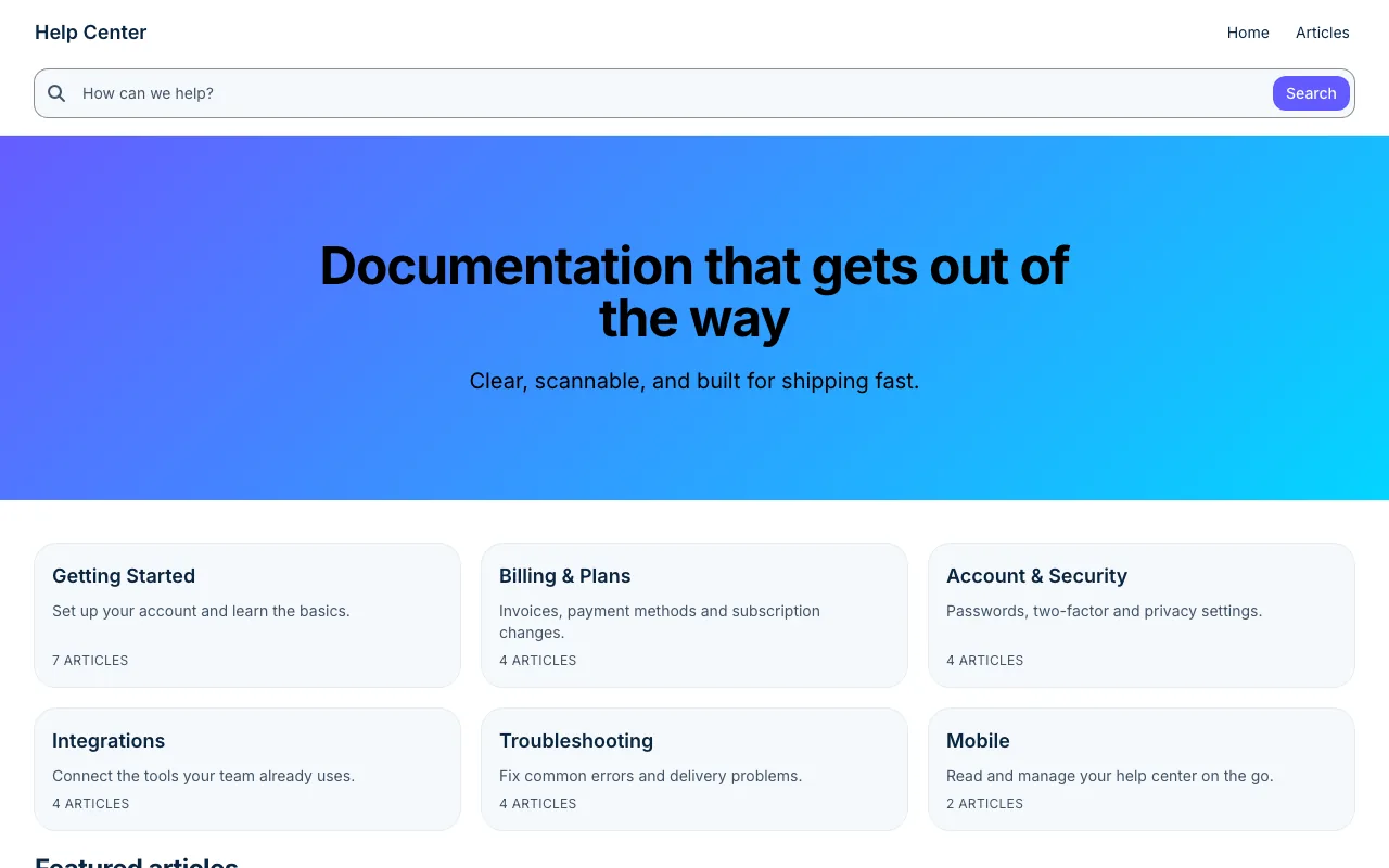 Home page of the Stripe Clean knowledge base template