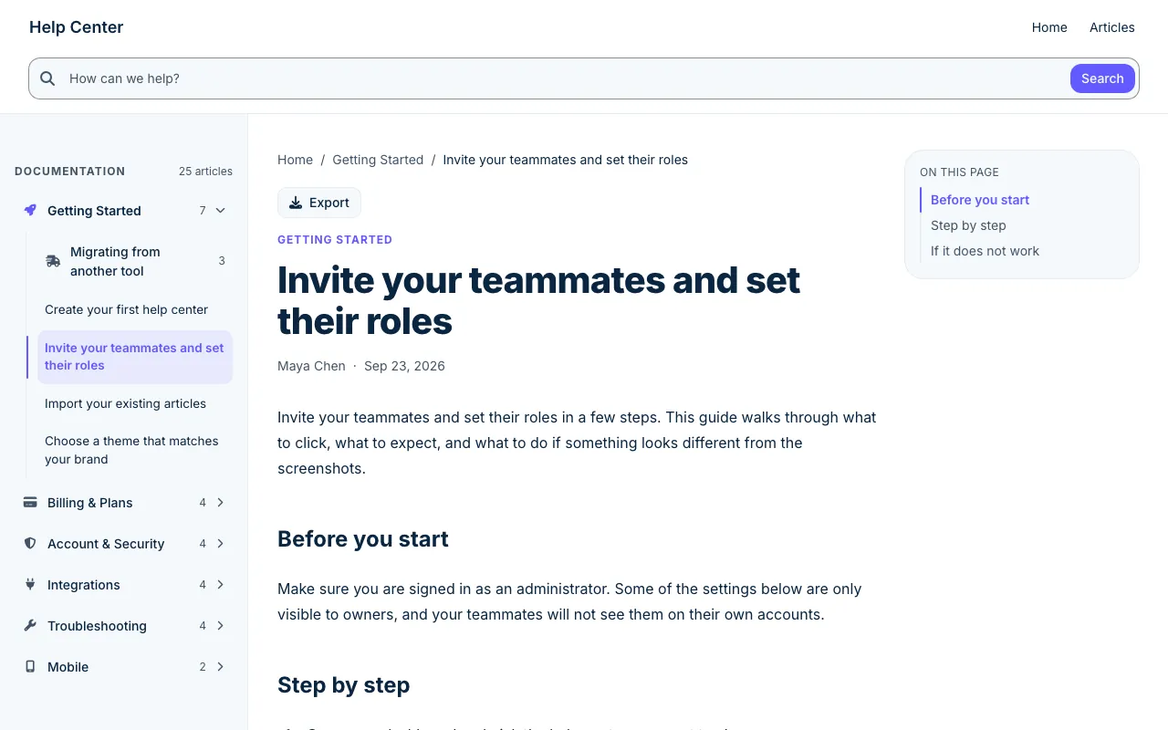 Stripe Clean knowledge base template: a article page