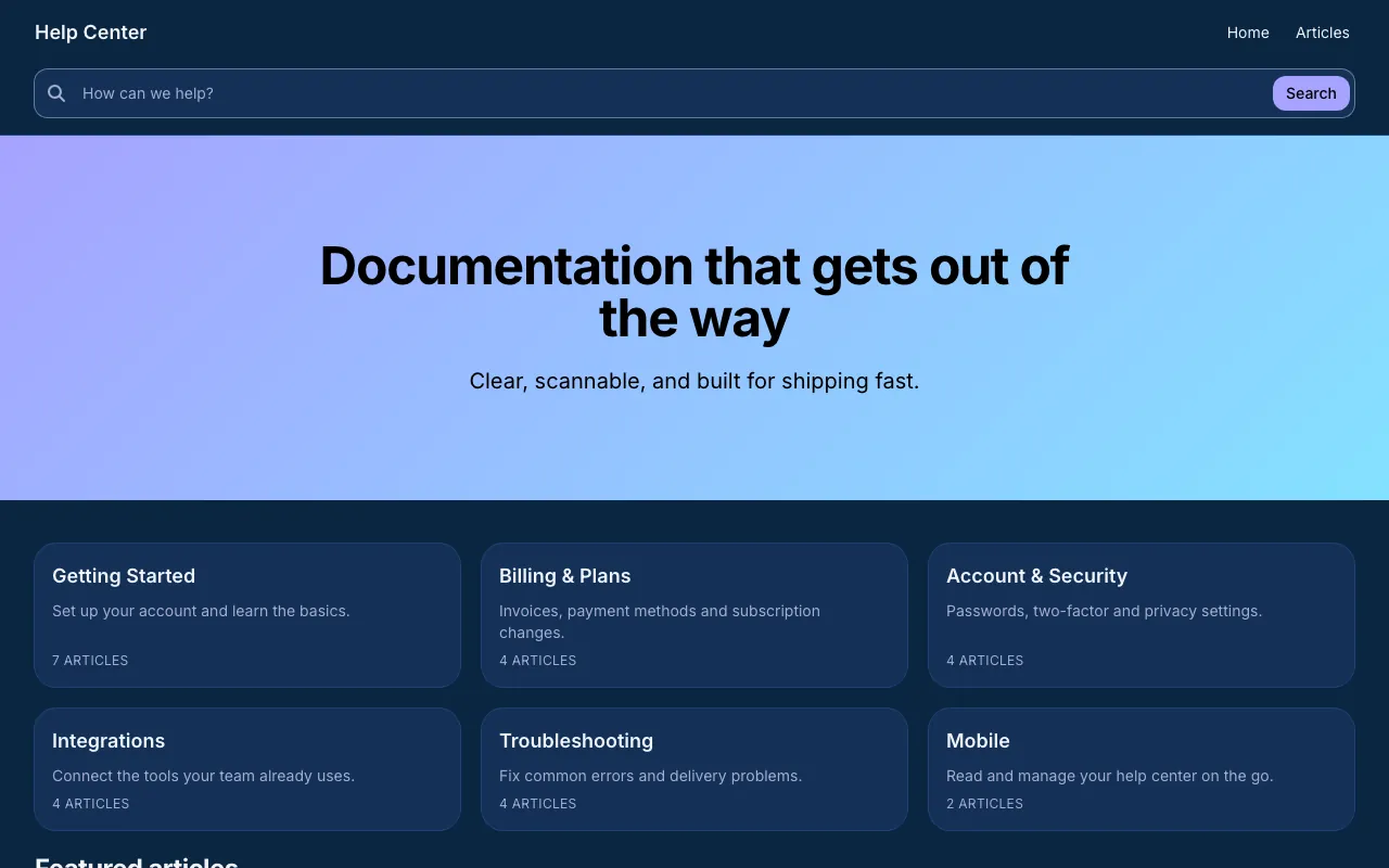 Stripe Clean knowledge base template: the home page in dark mode