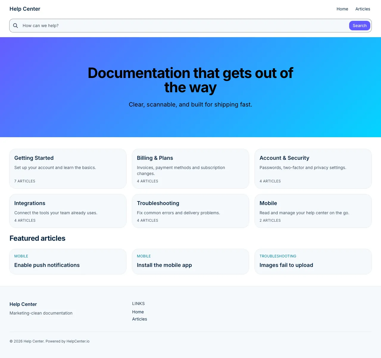 Stripe Clean knowledge base template: the whole home page