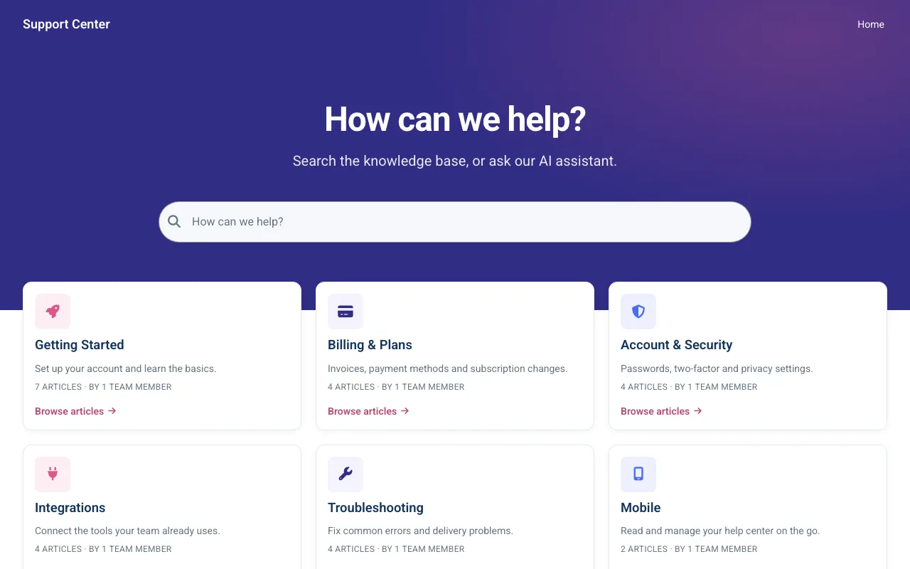 Home page of the Aurora Support knowledge base template