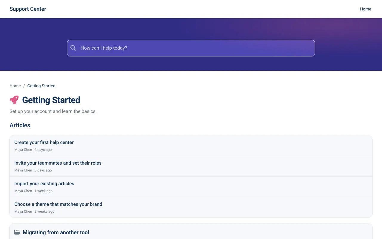 Aurora Support knowledge base template: a category page