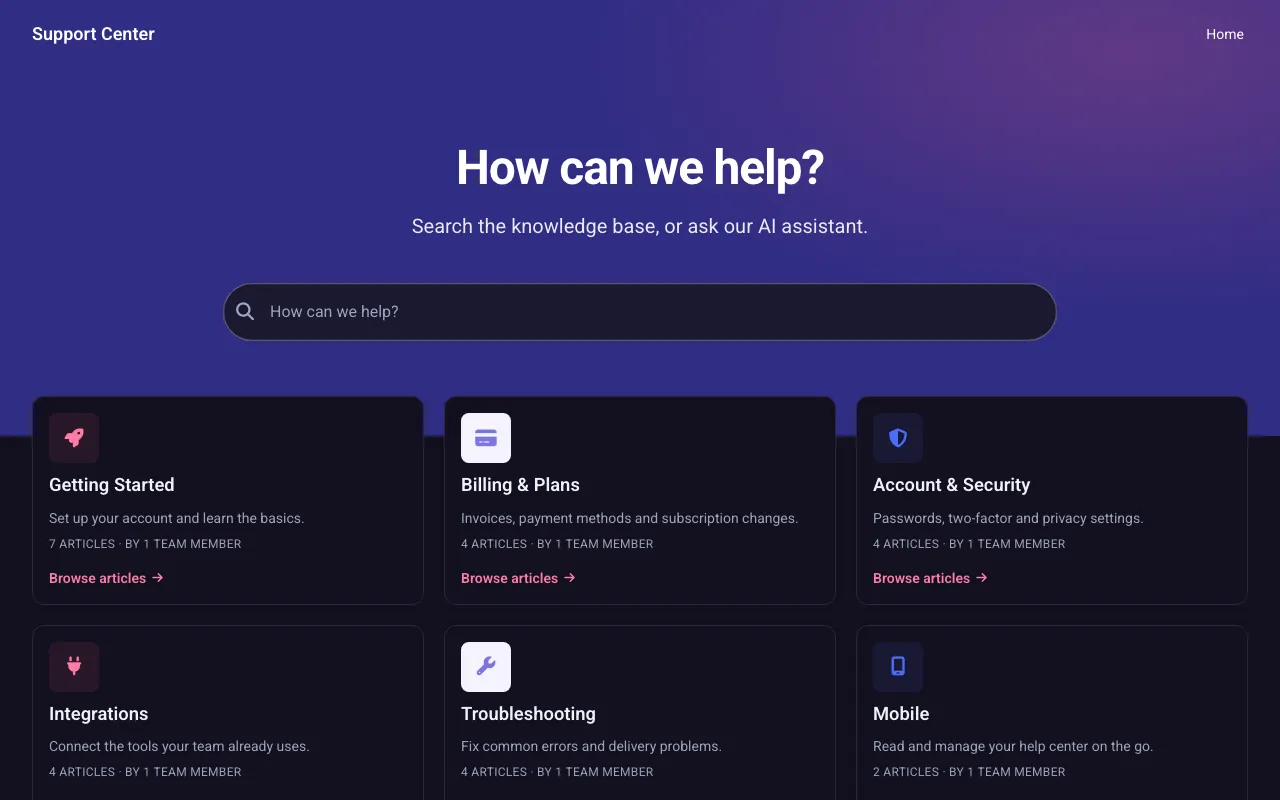 Aurora Support knowledge base template: the home page in dark mode