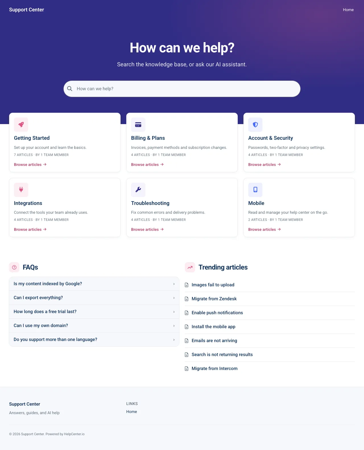 Aurora Support knowledge base template: the whole home page