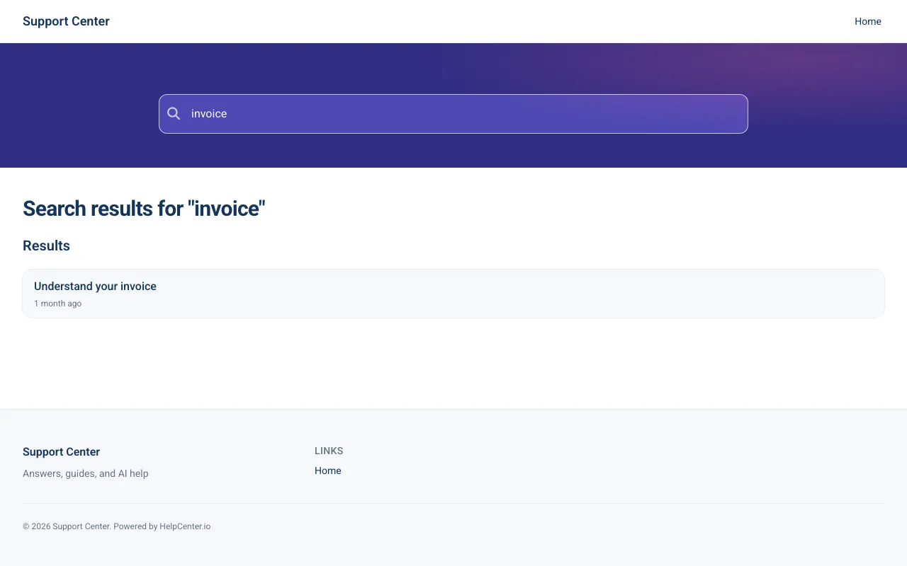 Aurora Support knowledge base template: a search results page