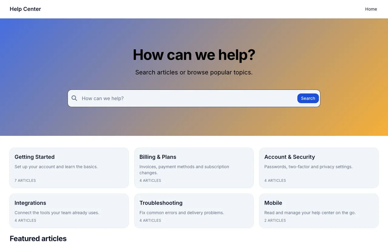 Home page of the Support Classic knowledge base template