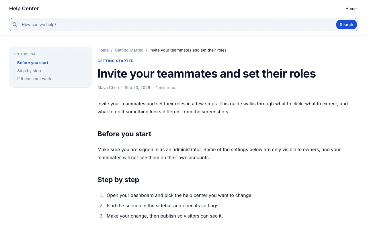 Support Classic knowledge base template: a article page