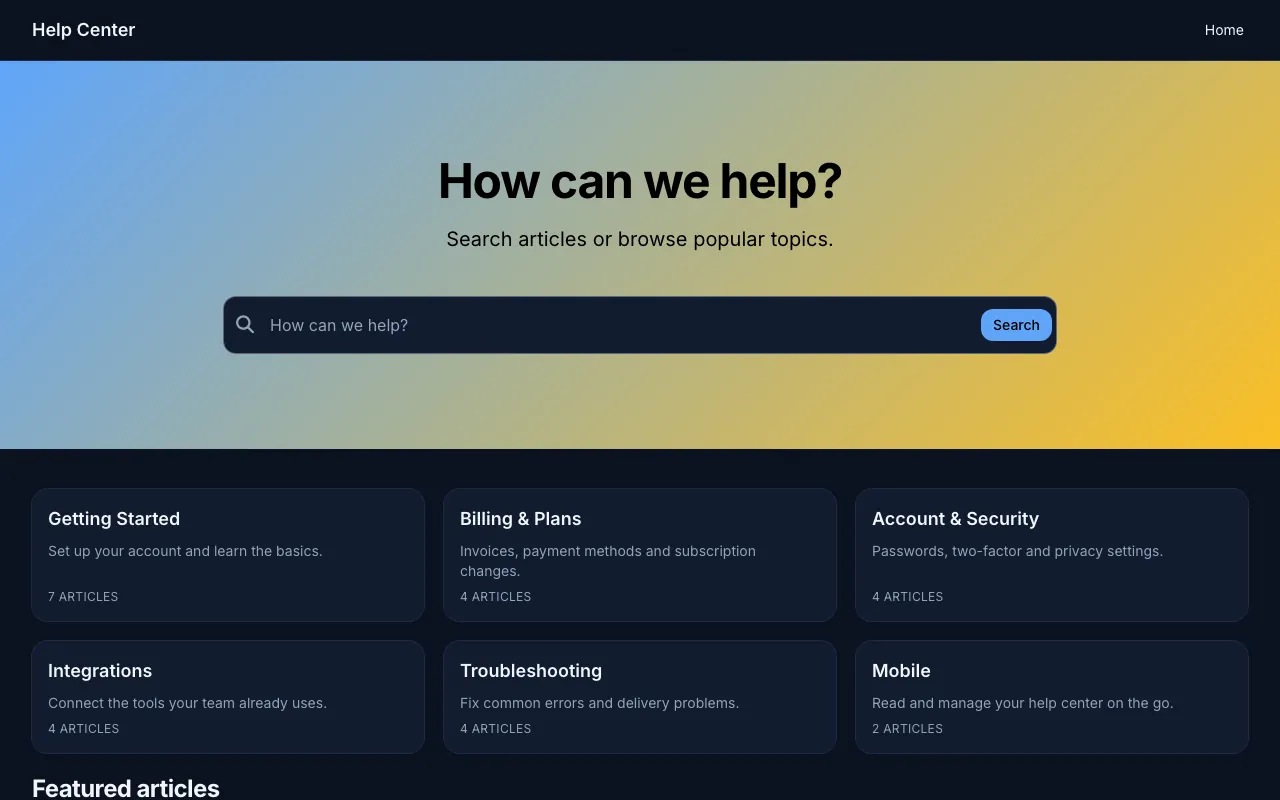 Support Classic knowledge base template: the home page in dark mode