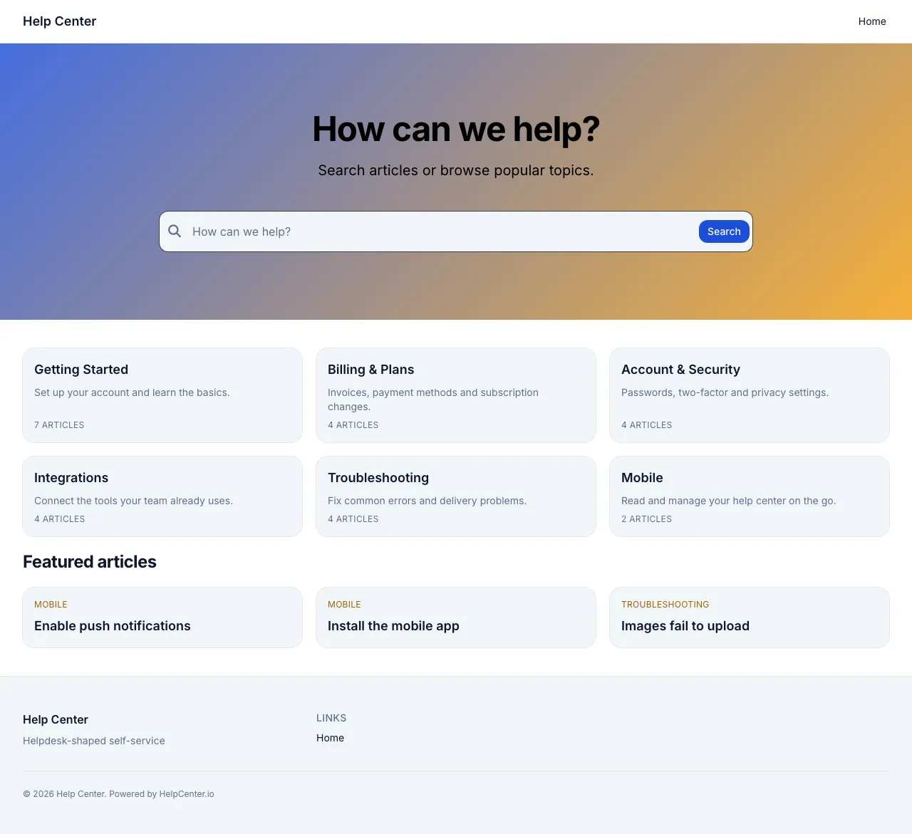 Support Classic knowledge base template: the whole home page