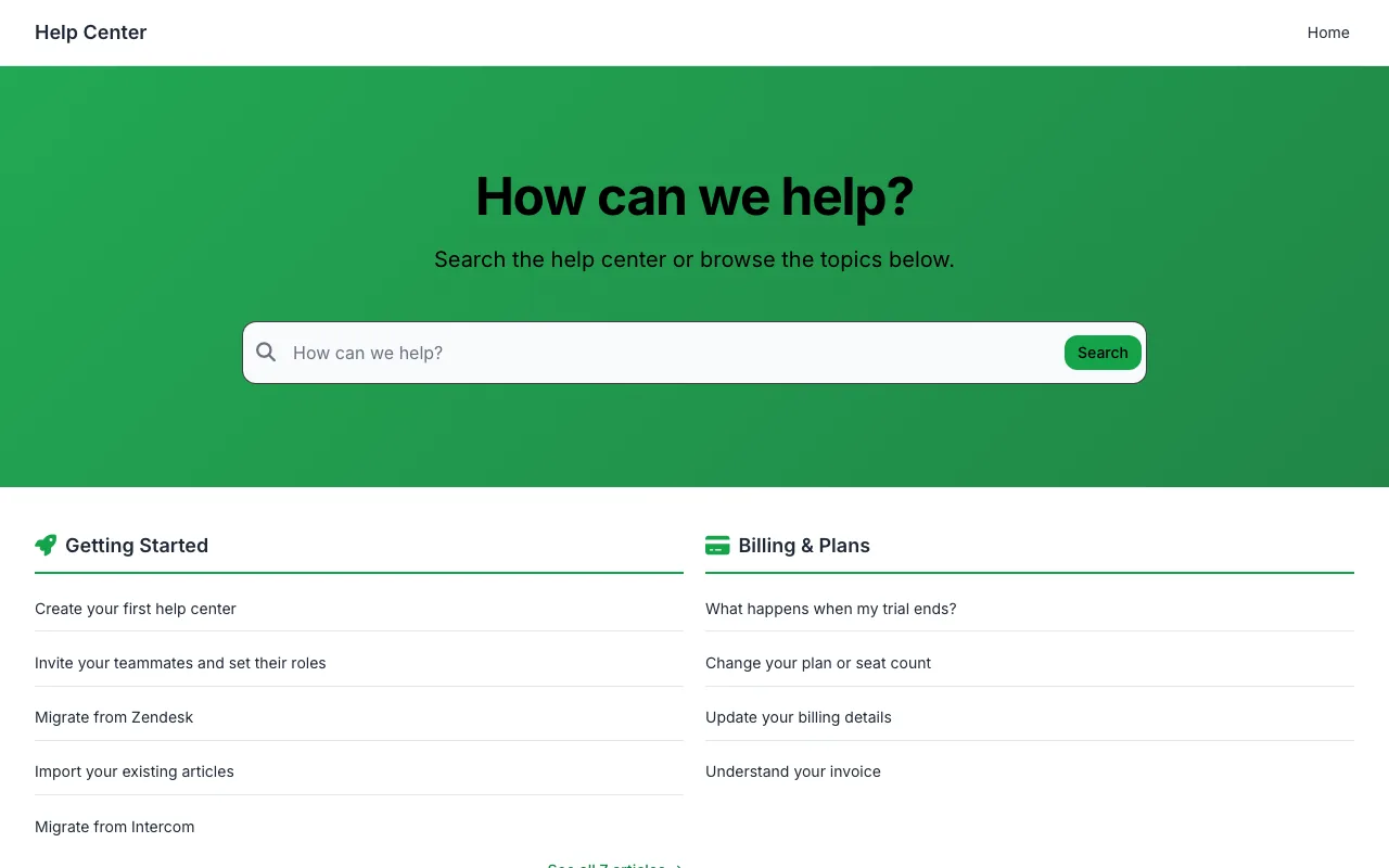 Home page of the Support Columns knowledge base template