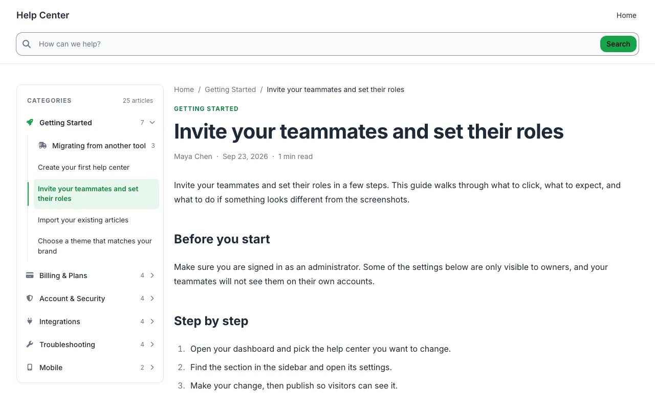Support Columns knowledge base template: a article page