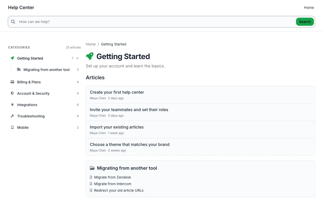 Support Columns knowledge base template: a category page