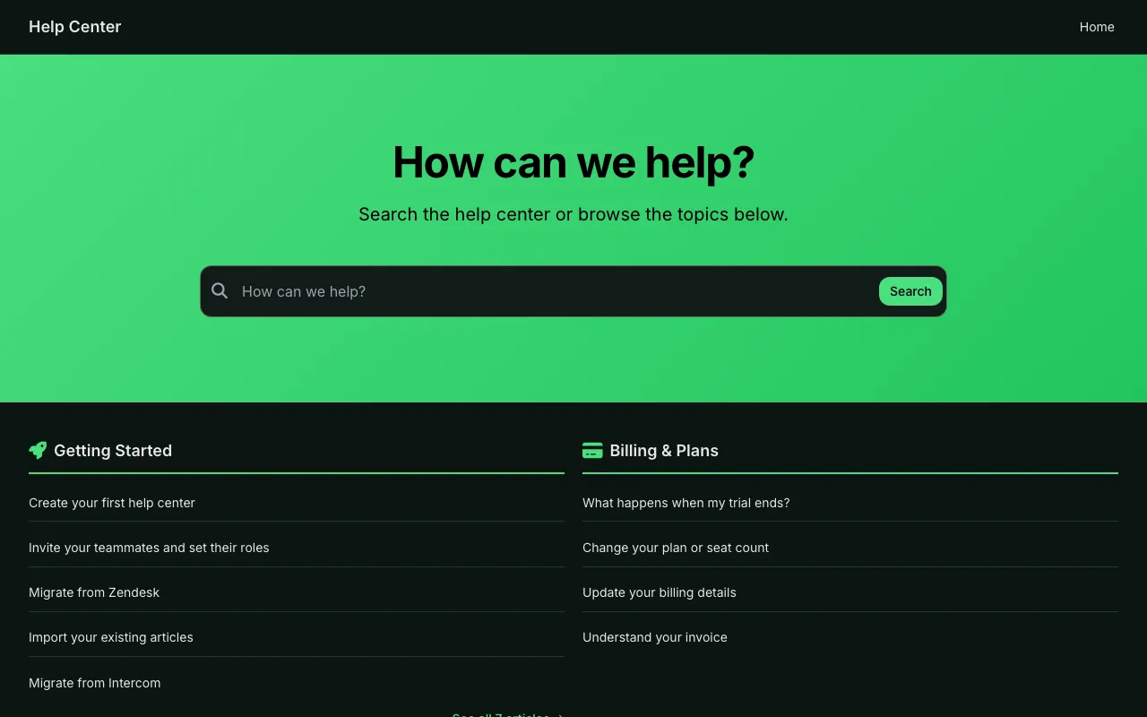Support Columns knowledge base template: the home page in dark mode