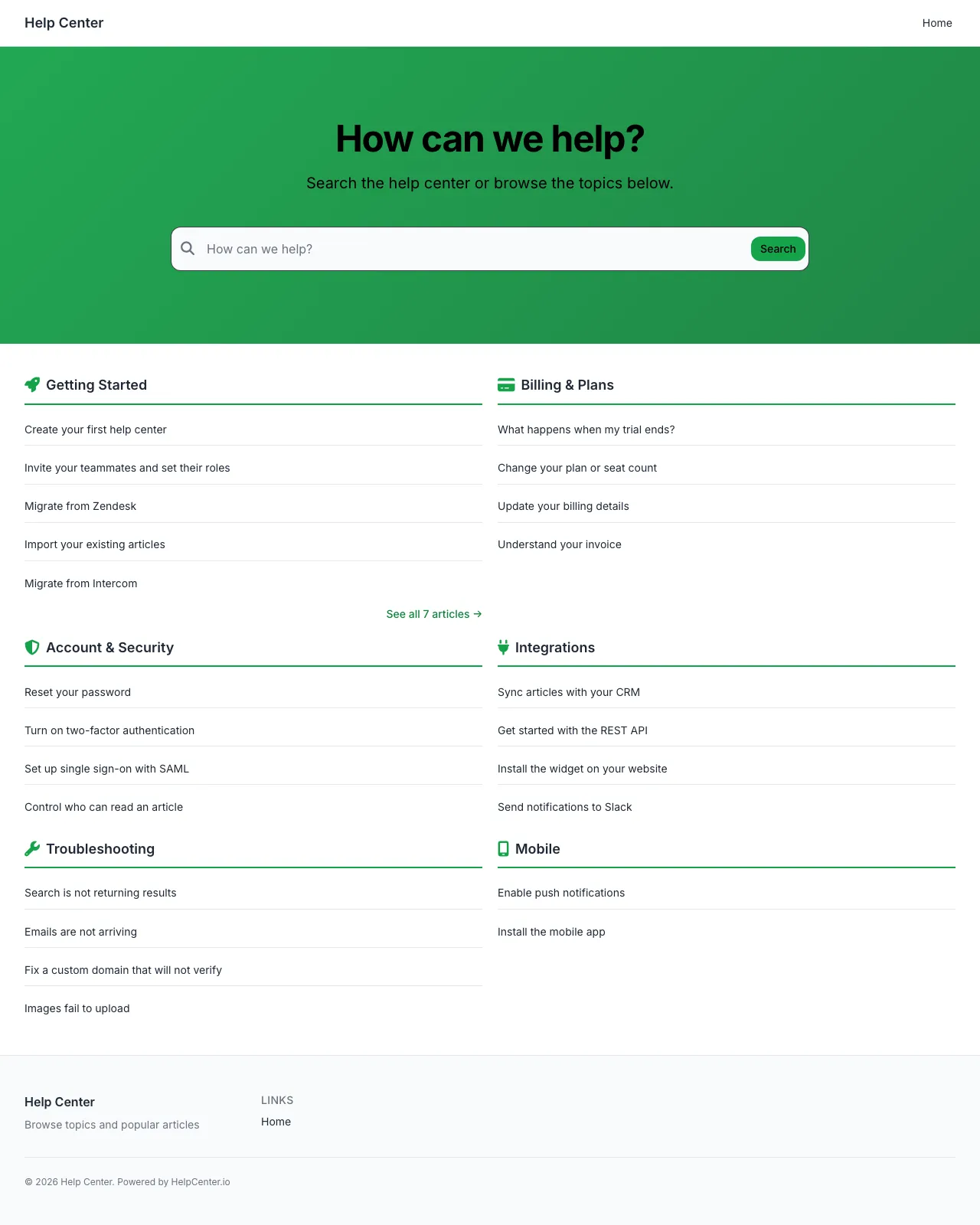 Support Columns knowledge base template: the whole home page